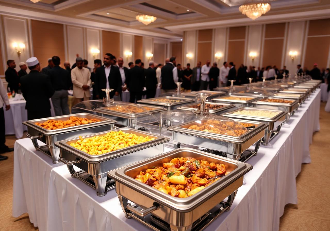 Buffet catering setup arranged for a large pilgrim group