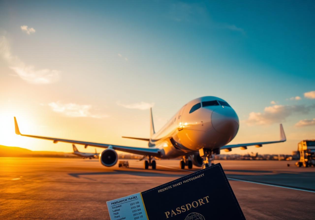 Passenger aircraft on the tarmac at sunrise with passport and boarding pass