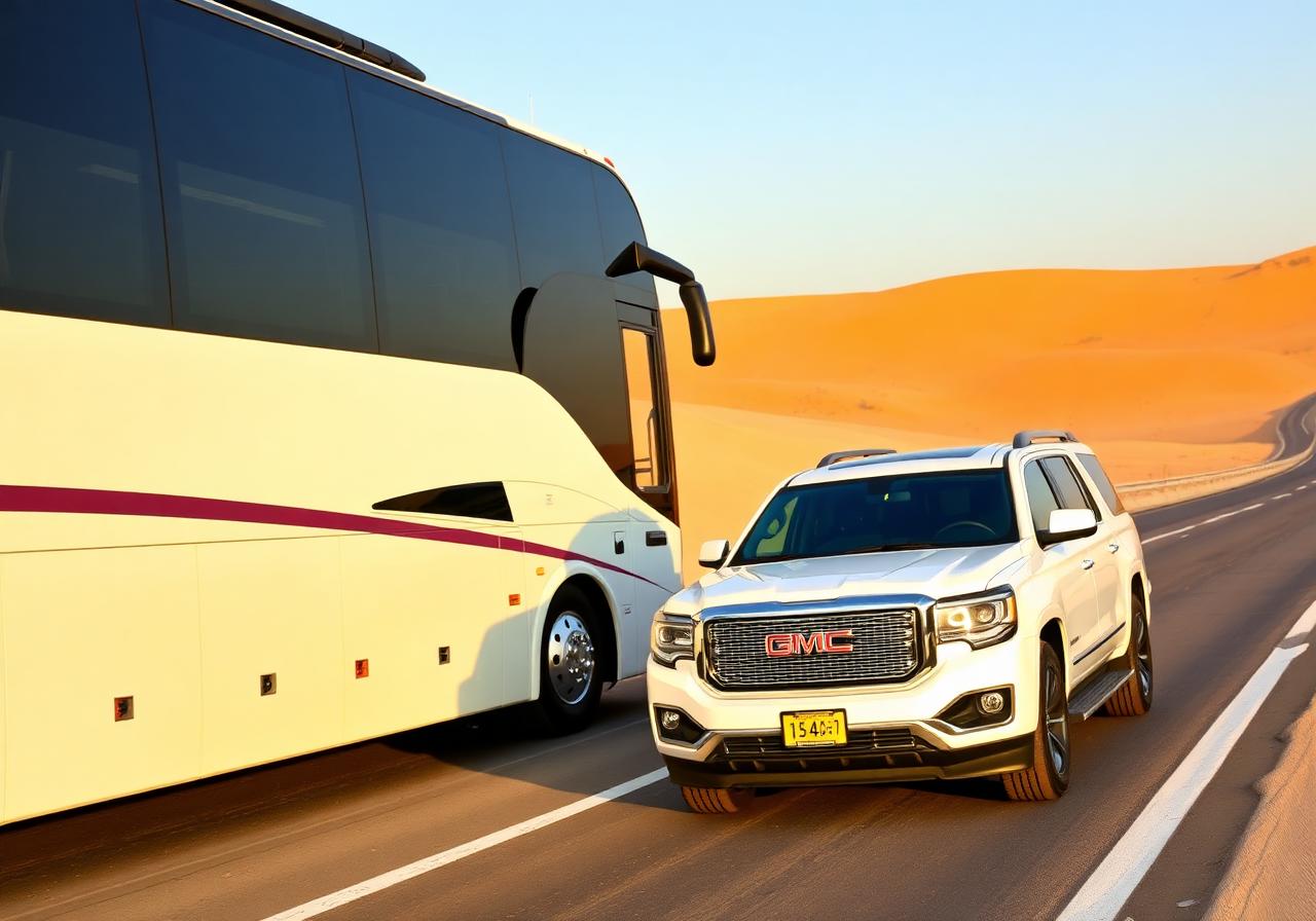 Luxury coach and GMC SUV on a Saudi highway